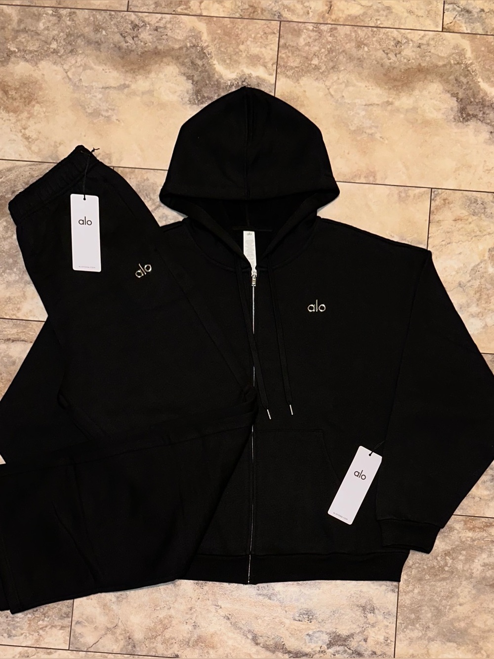 Alo Yoga Accolade Full Zip Hoodie & Sweatpants Set Black Sweatsuit Size Large